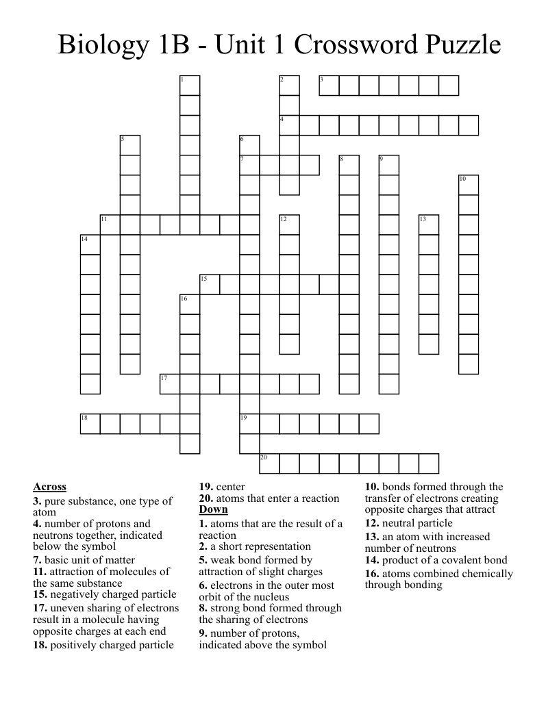 Biology 1B - Unit 1 Crossword Puzzle