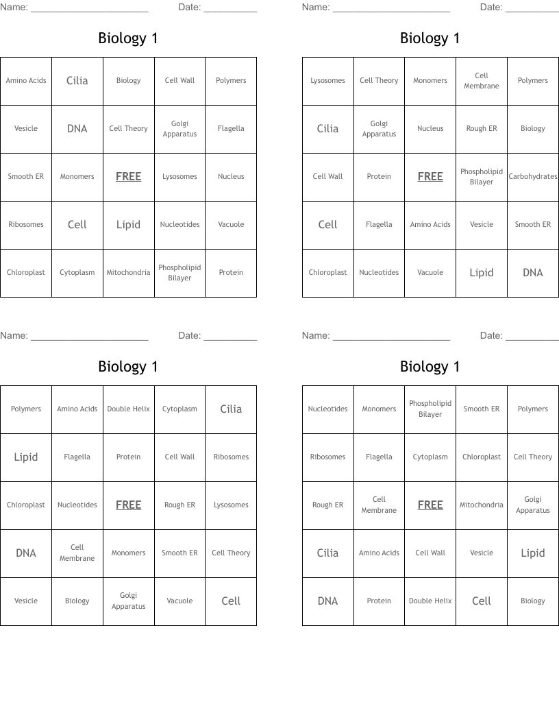 Biology 1 Bingo Cards
