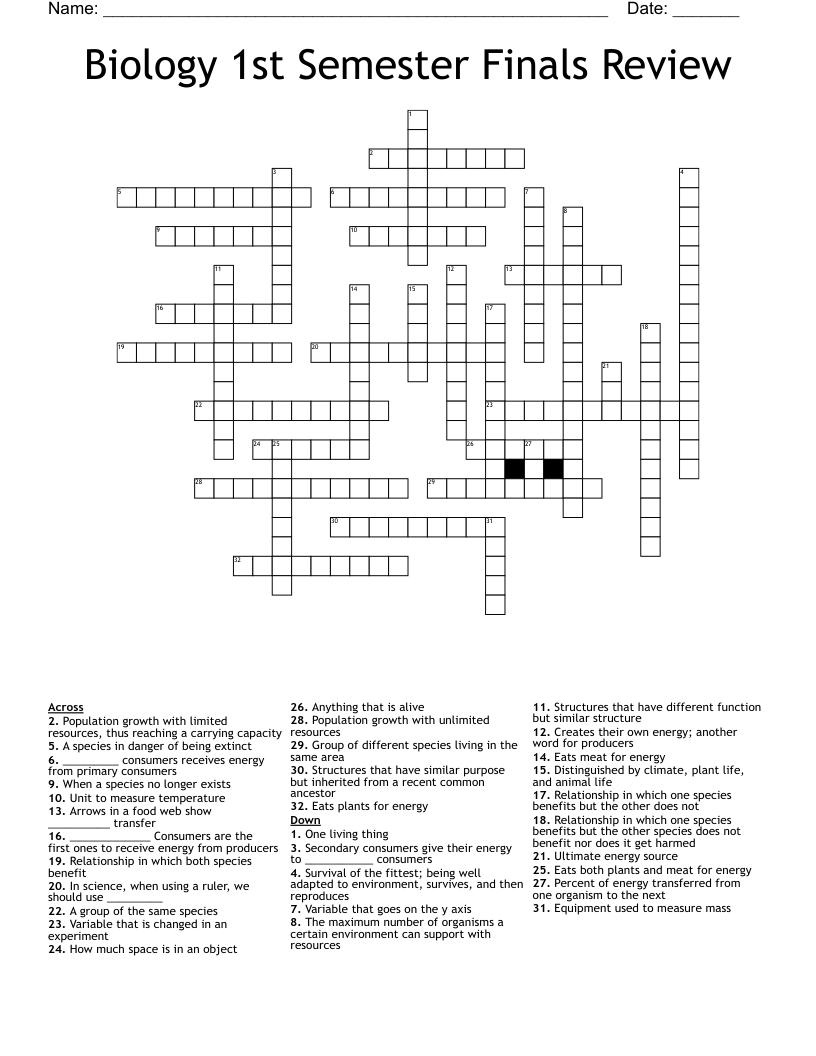 Biology 1st Semester Finals Review Crossword