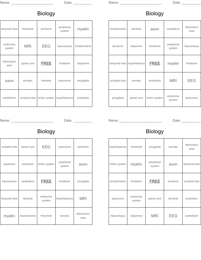 Biology Bingo Cards