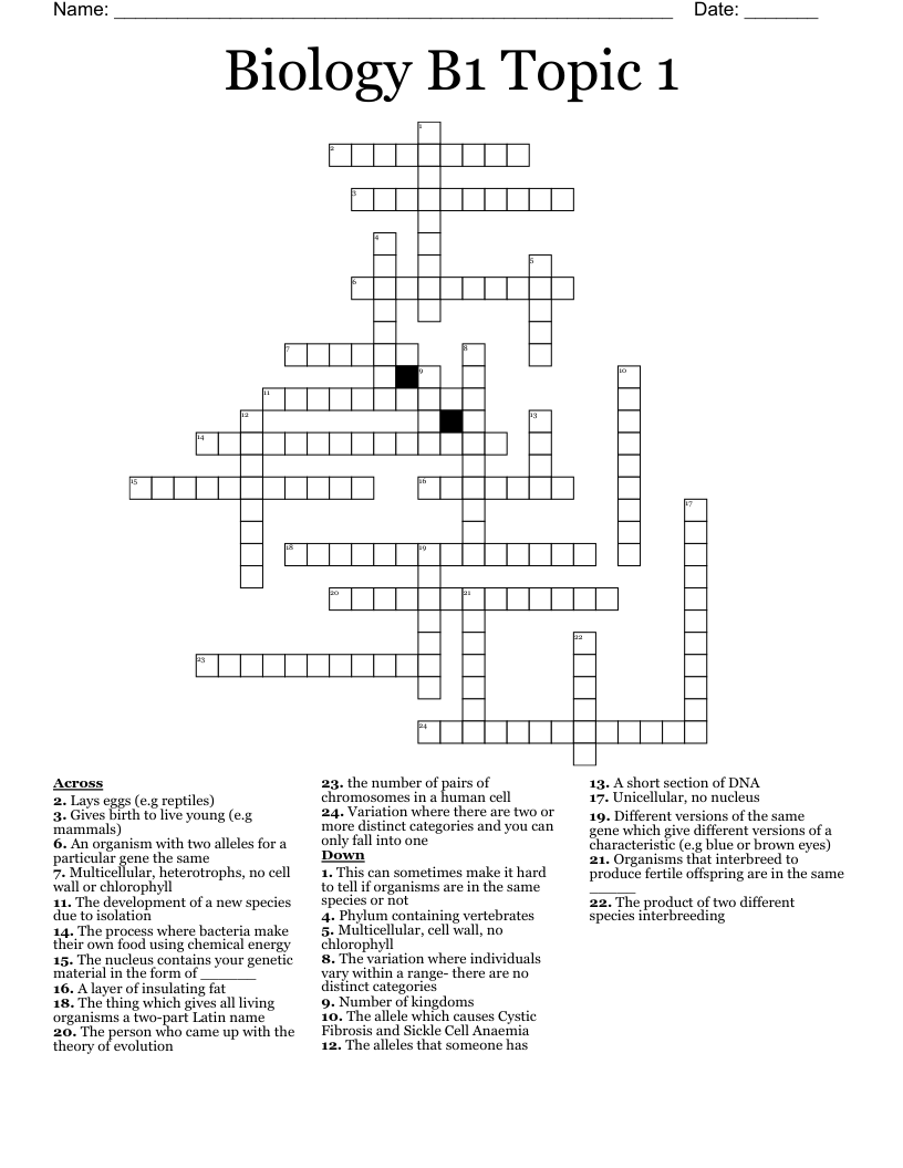 Biology B1 Topic 1 Crossword