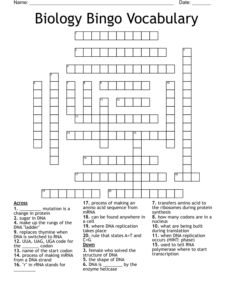 Biology Bingo Vocabulary Crossword
