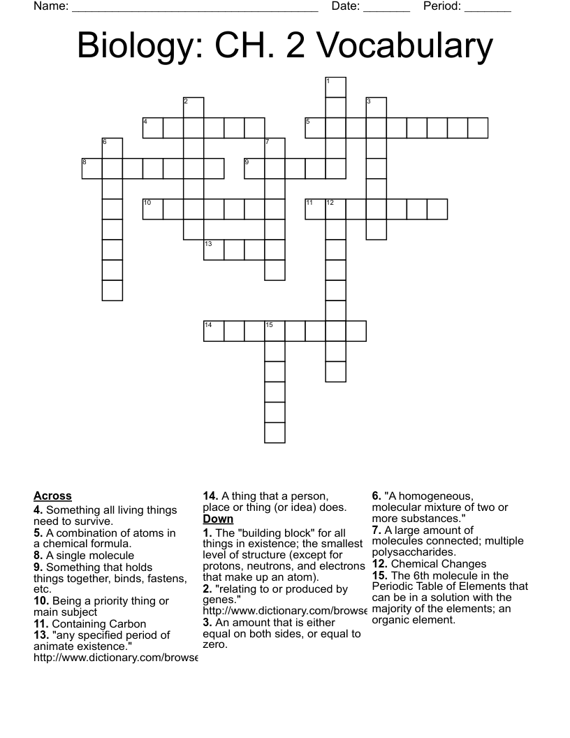 Biology: CH. 2 Vocabulary Crossword