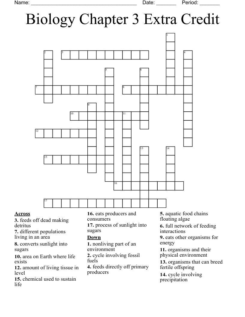 Biology Chapter 3 Extra Credit Crossword