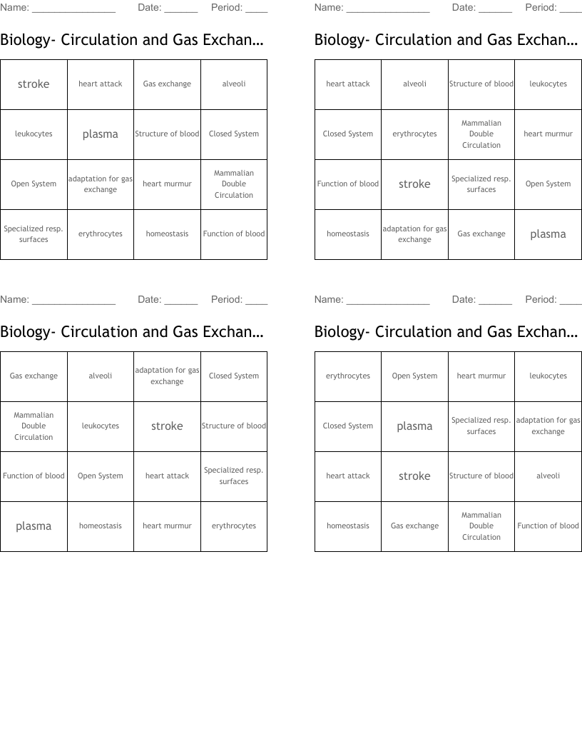 Biology- Circulation and Gas Exchange Bingo Cards