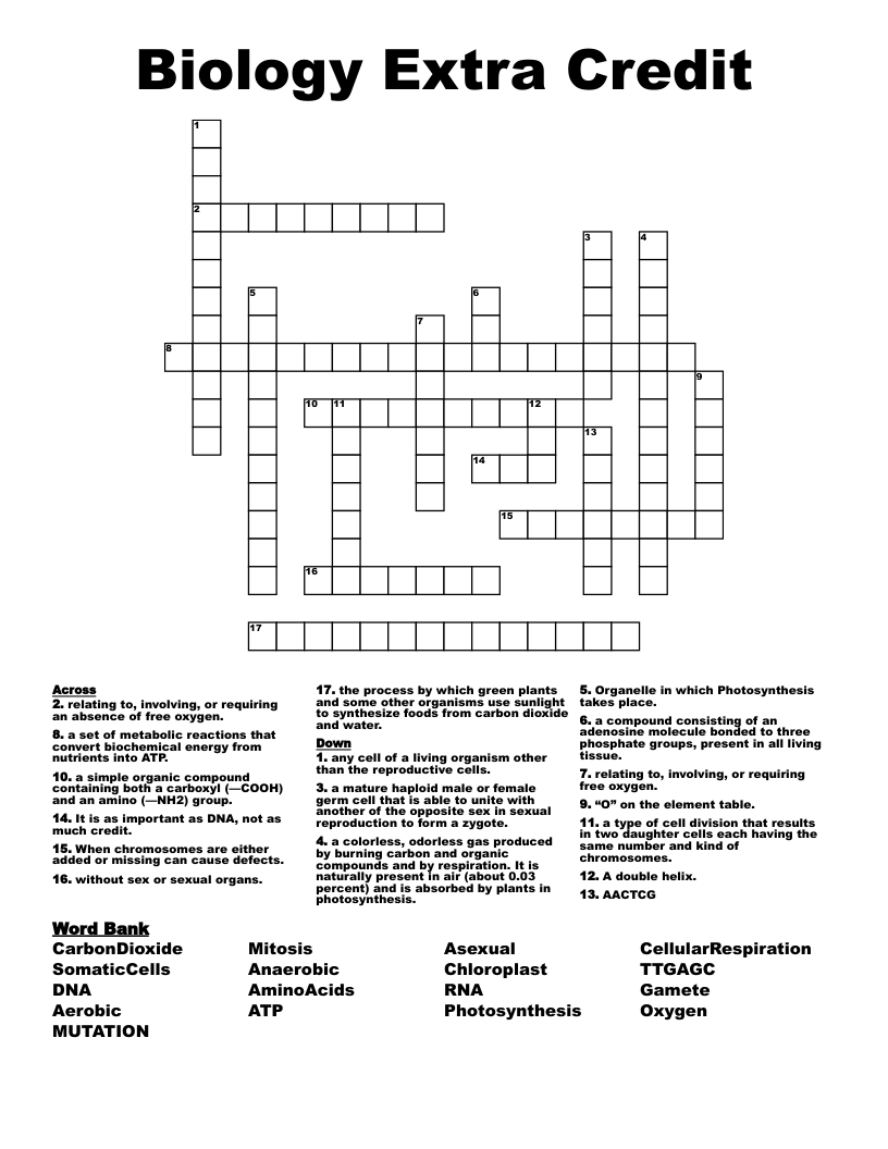 Biology Extra Credit Crossword