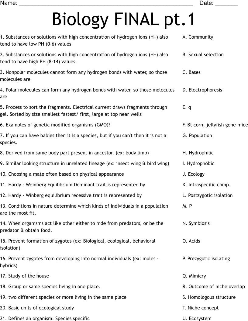 Biology FINAL pt.1 Worksheet