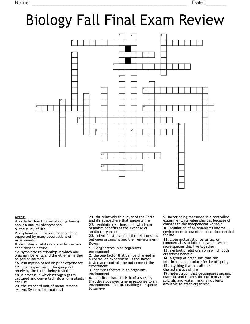 Biology Fall Final Exam Review Crossword