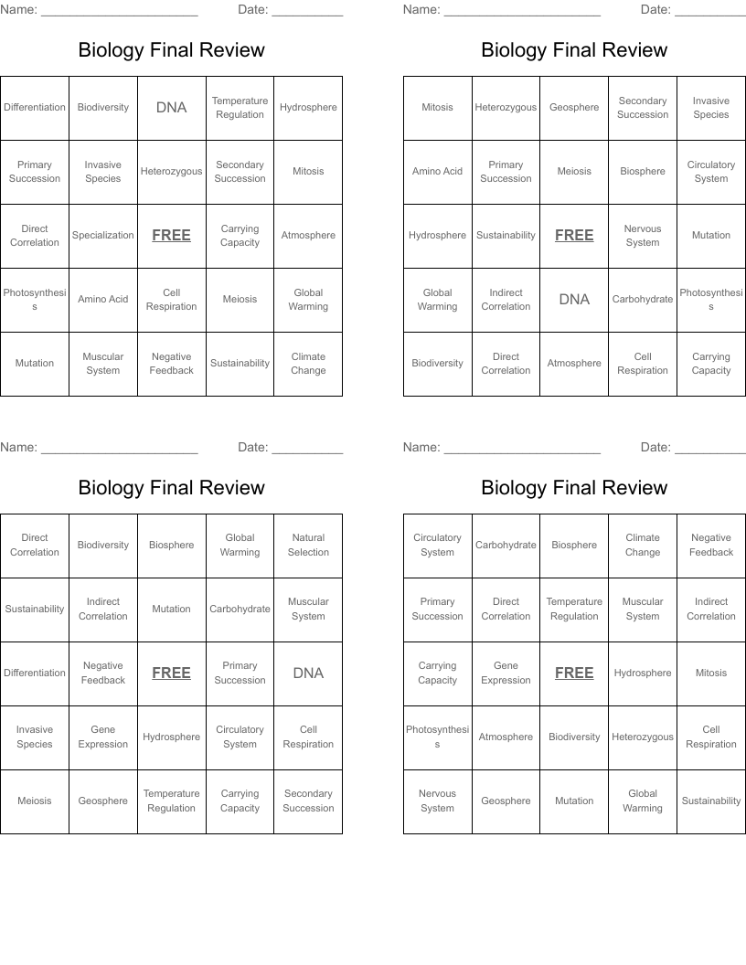 Biology Final Review Bingo Cards