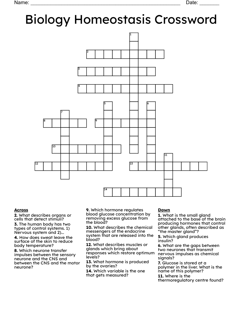 Biology Homeostasis Crossword