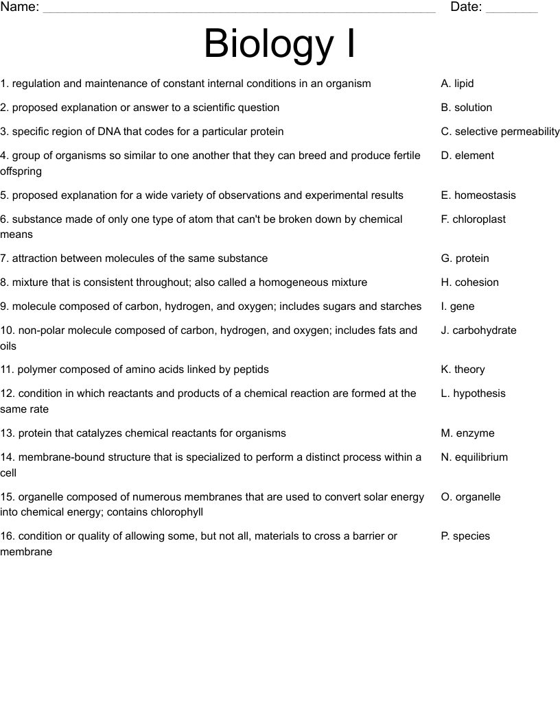 Biology I Worksheet