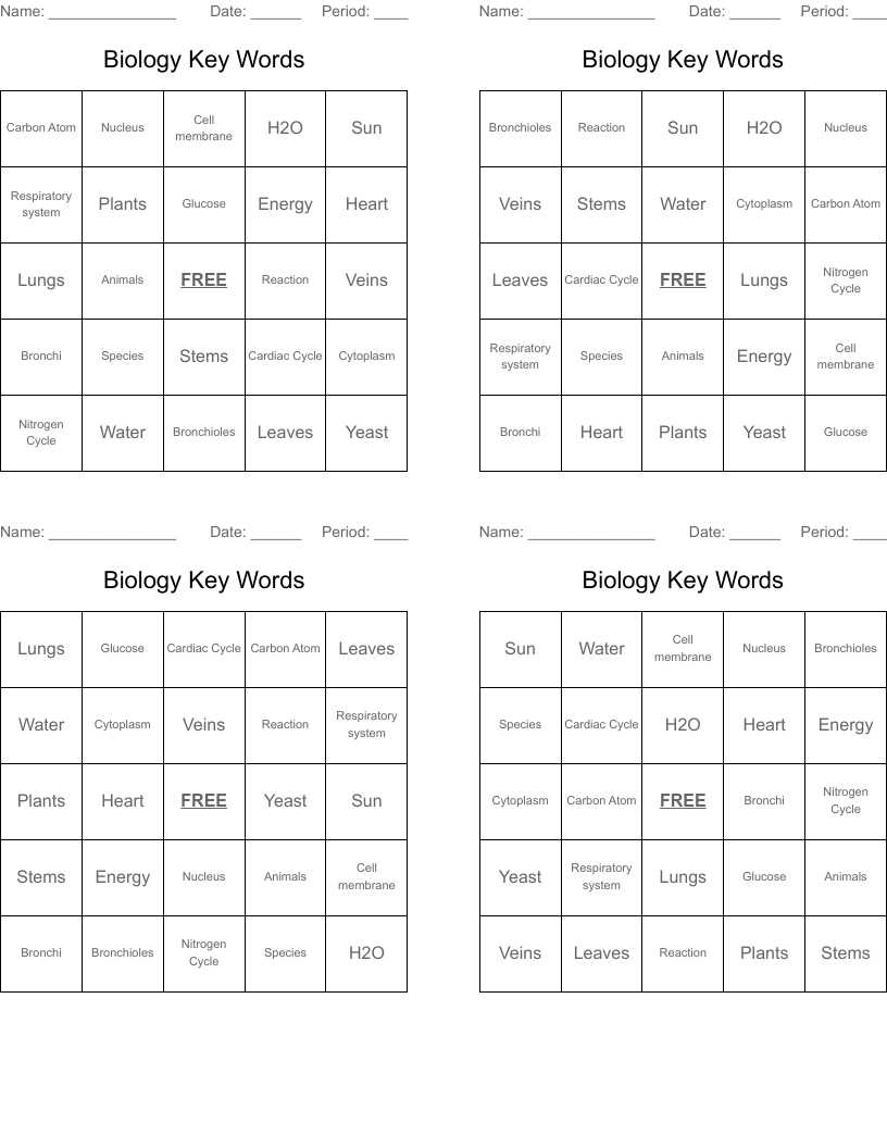 Biology Key Words Bingo Cards