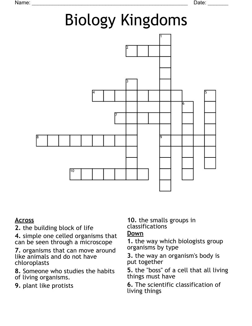 Biology Kingdoms Crossword