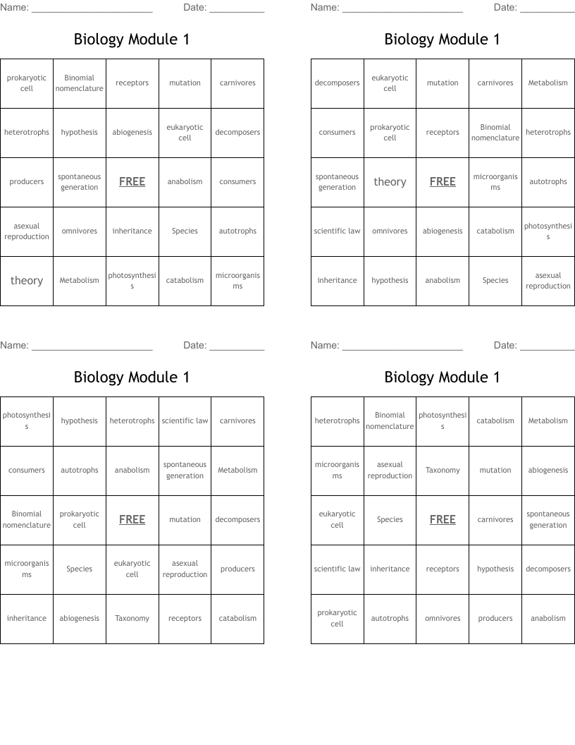 Biology Module 1 Bingo Cards