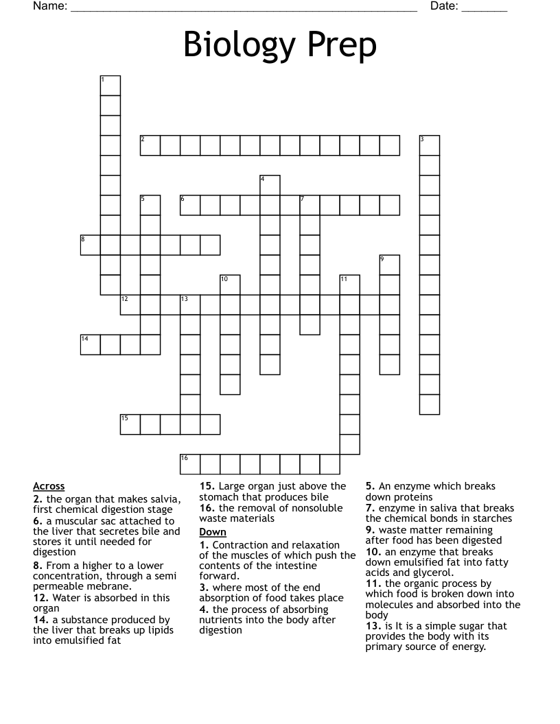 Biology Prep Crossword