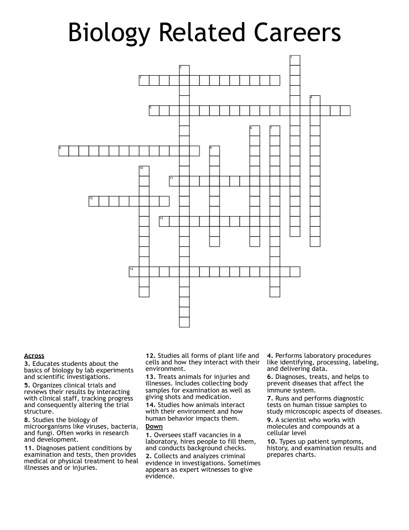 Biology Related Careers Crossword