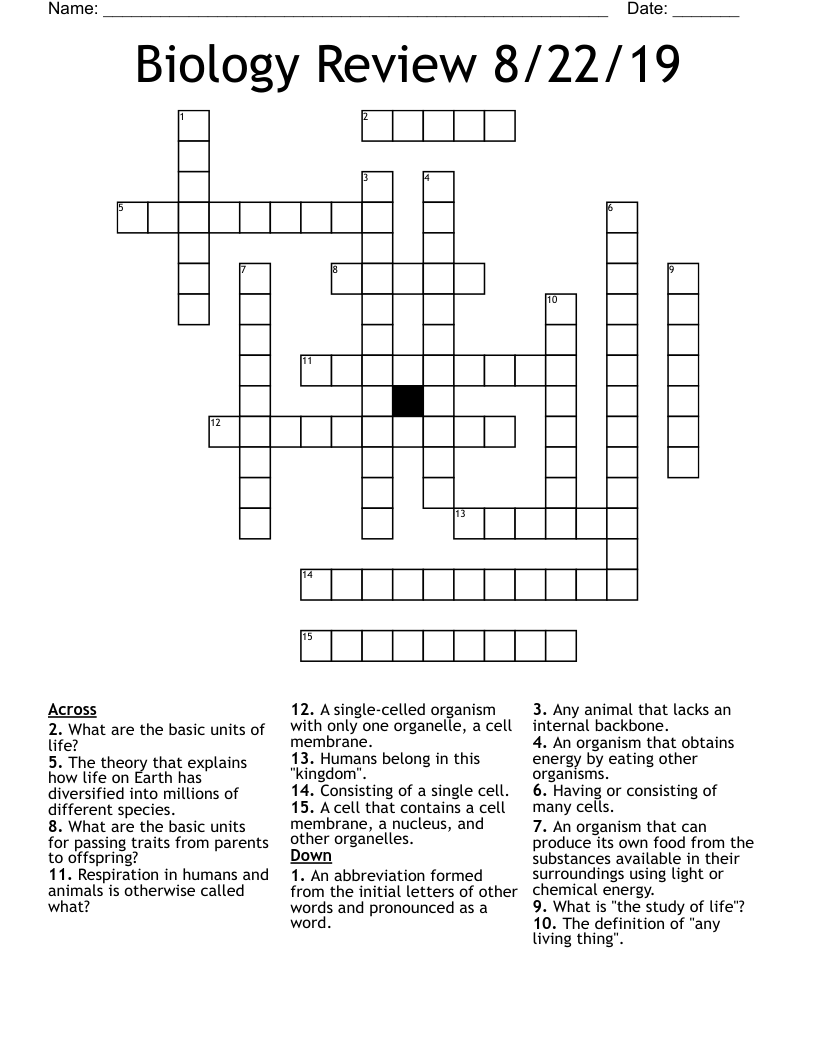 Biology Review 8/22/19 Crossword