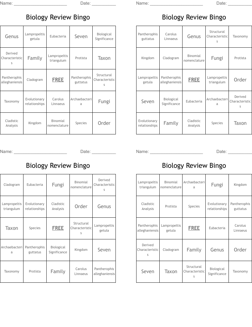 Biology Review Bingo