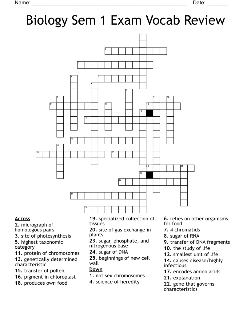 Biology Sem 1 Exam Vocab Review Crossword