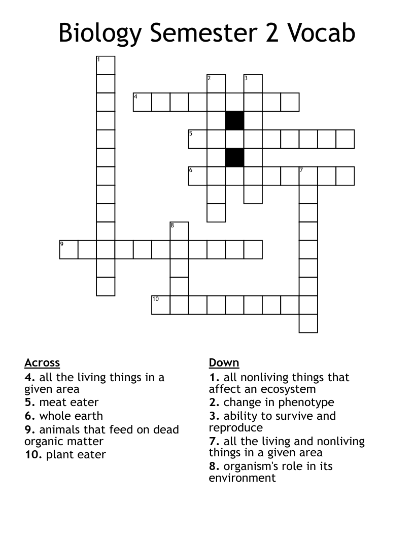 Biology Semester 2 Vocab Crossword