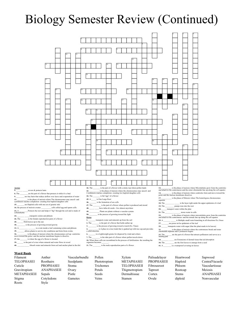 Biology Semester Review (Continued) Crossword