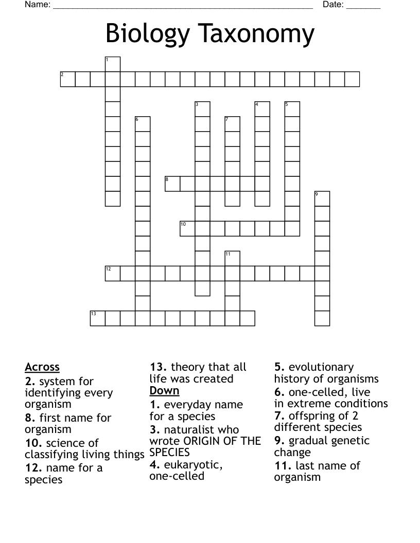 Biology Taxonomy Crossword