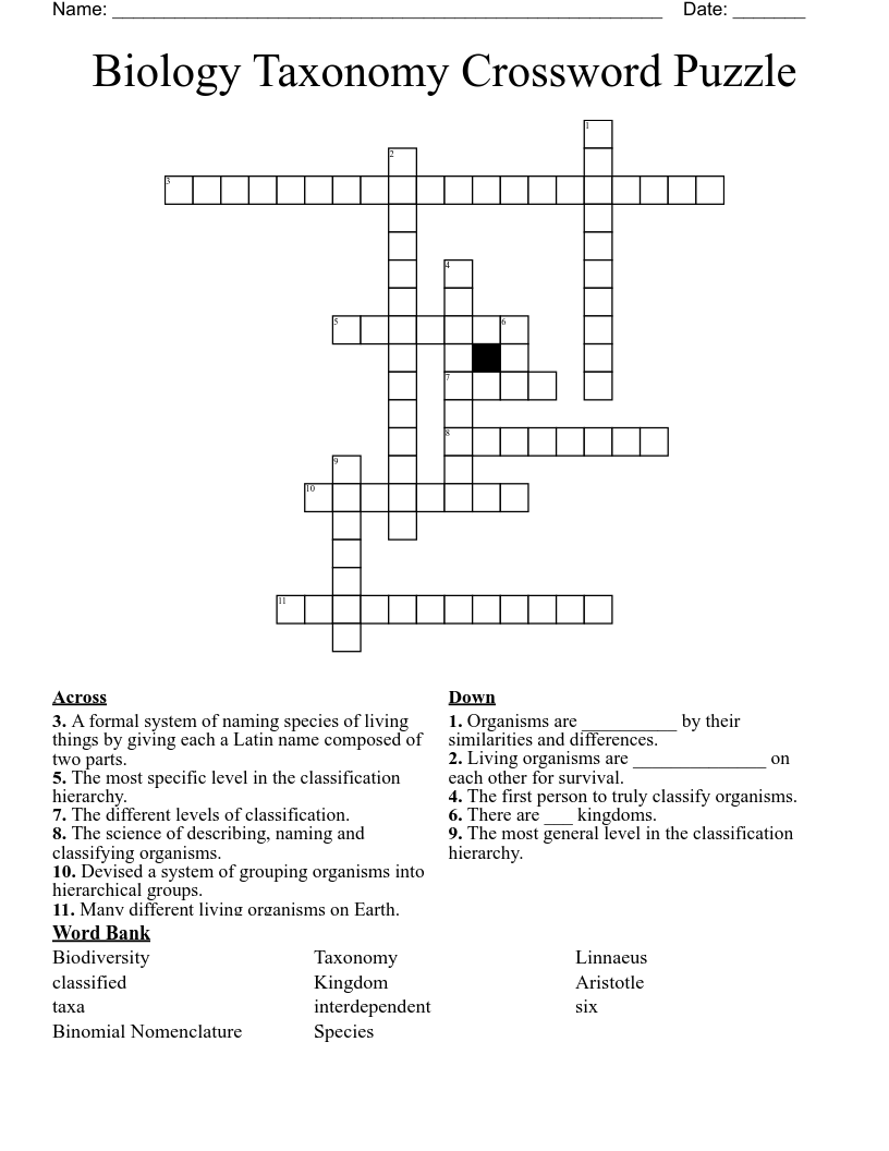 Biology Taxonomy Crossword Puzzle