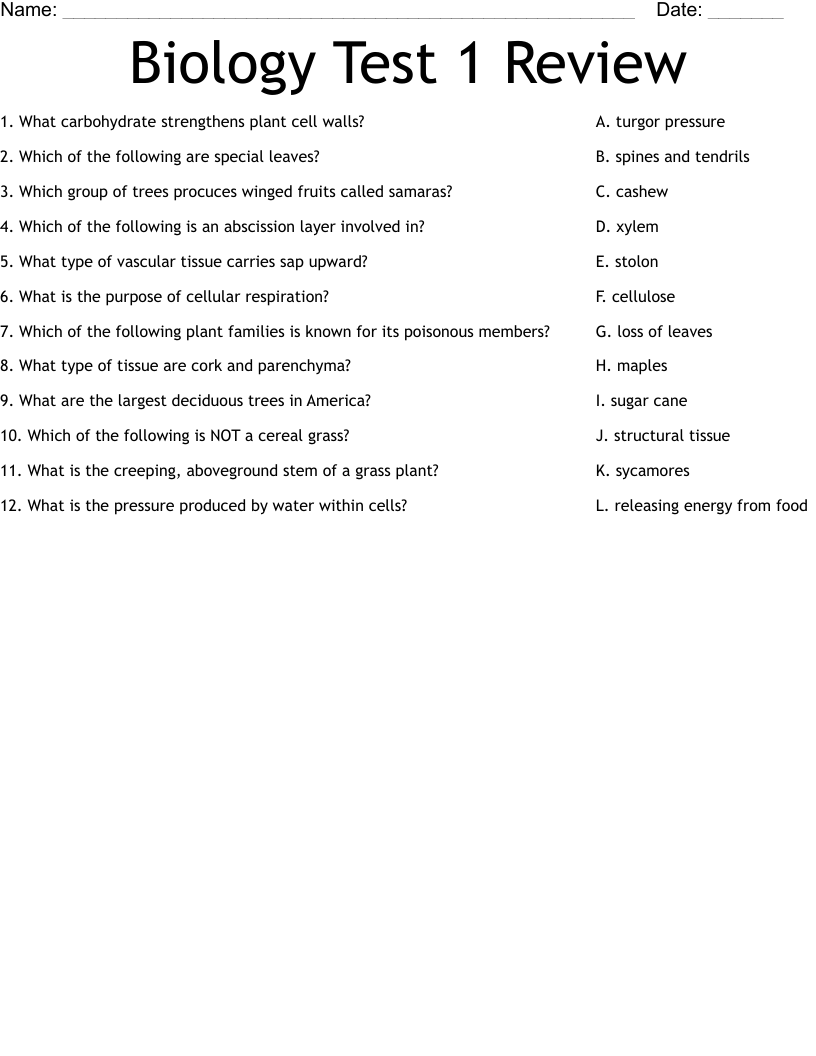Biology Test 1 Review Worksheet