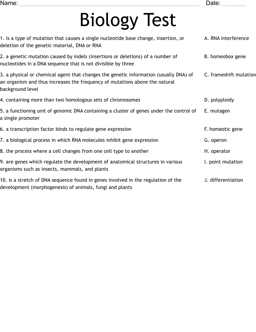 Biology Test  Worksheet