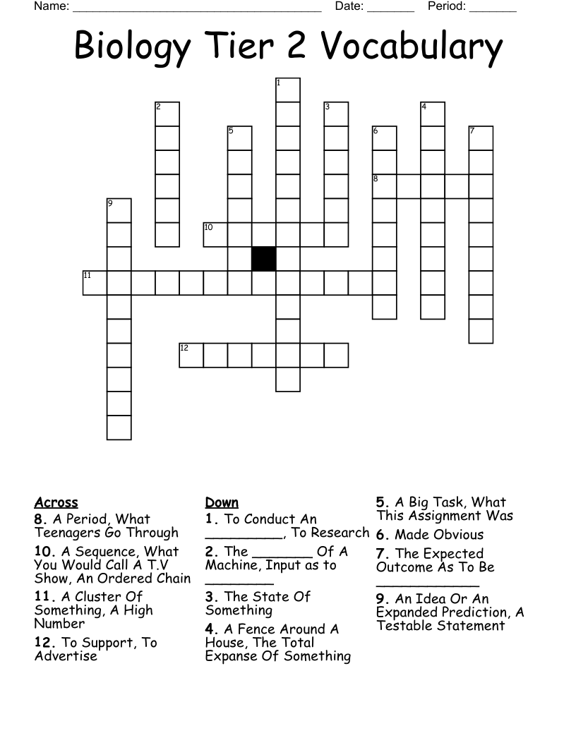 Biology Tier 2 Vocabulary Crossword