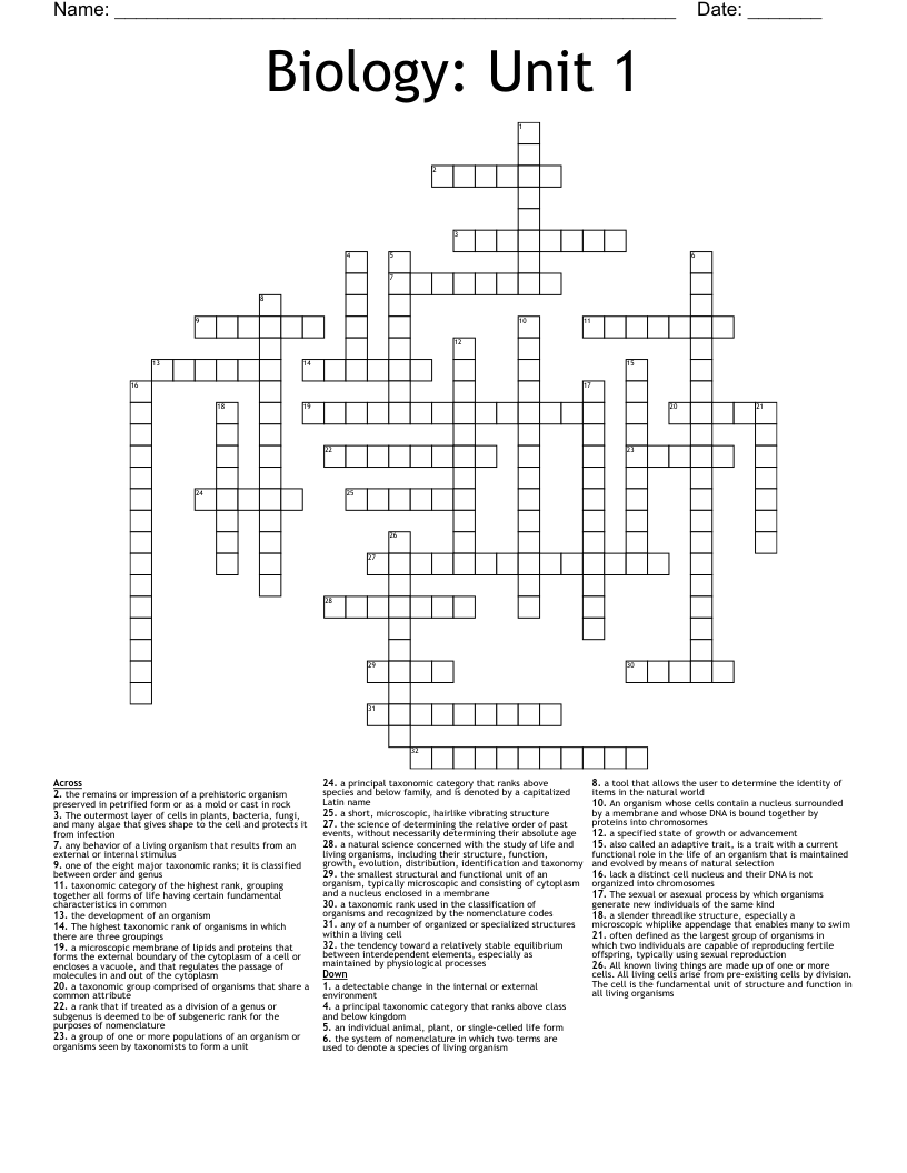 Biology: Unit 1 Crossword