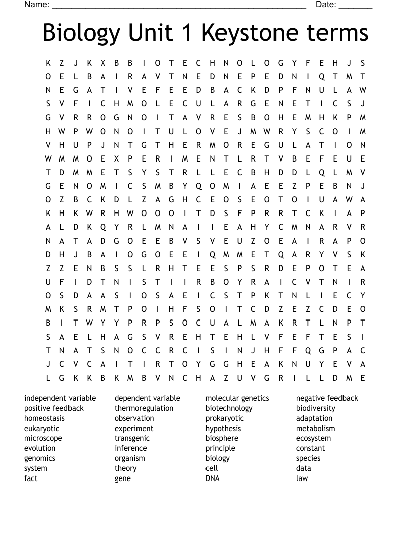 Biology Unit 1 Keystone terms Word Search