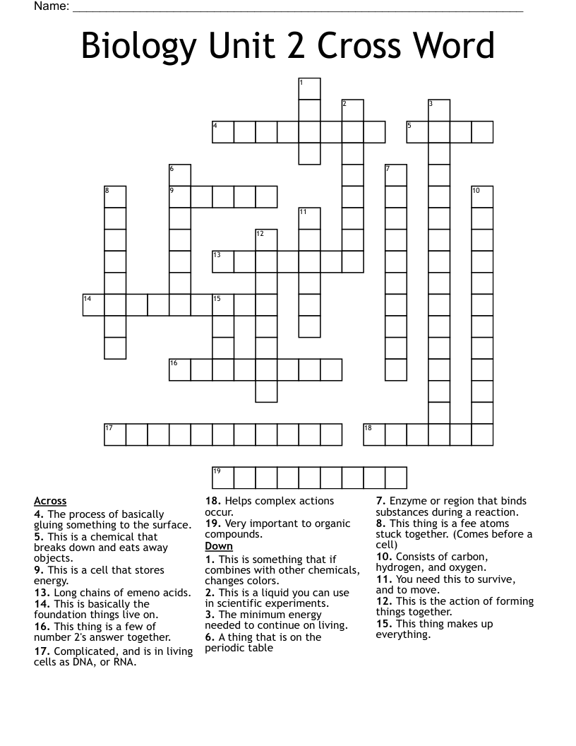 Biology Unit 2 Cross Word