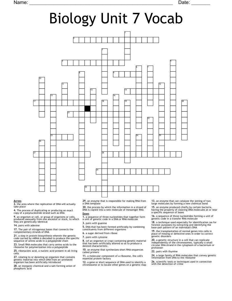 Biology Unit 7 Vocab Crossword