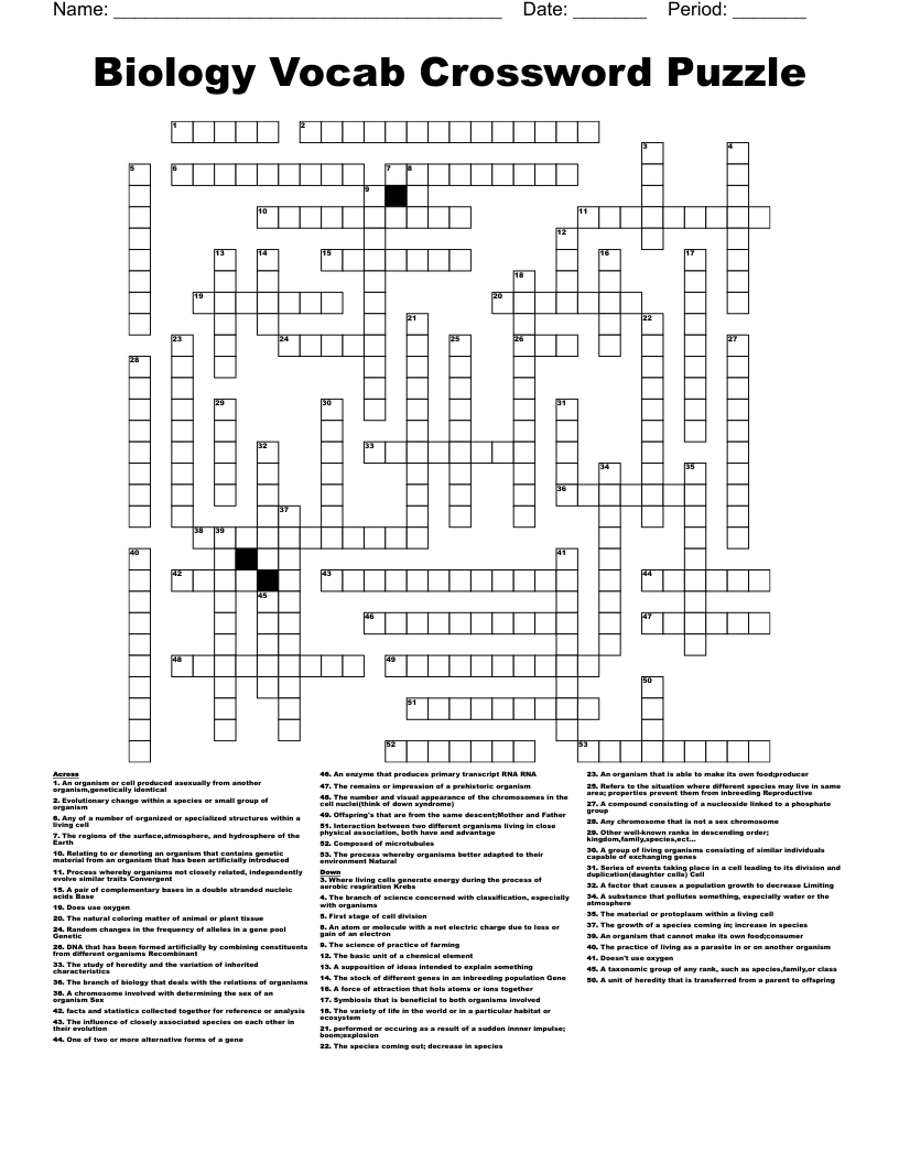 Biology Vocab Crossword Puzzle