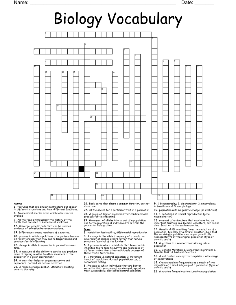Biology Vocabulary Crossword