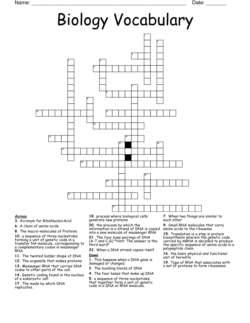 Biology Vocabulary Crossword