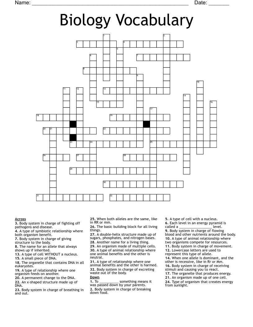 Biology Vocabulary Crossword