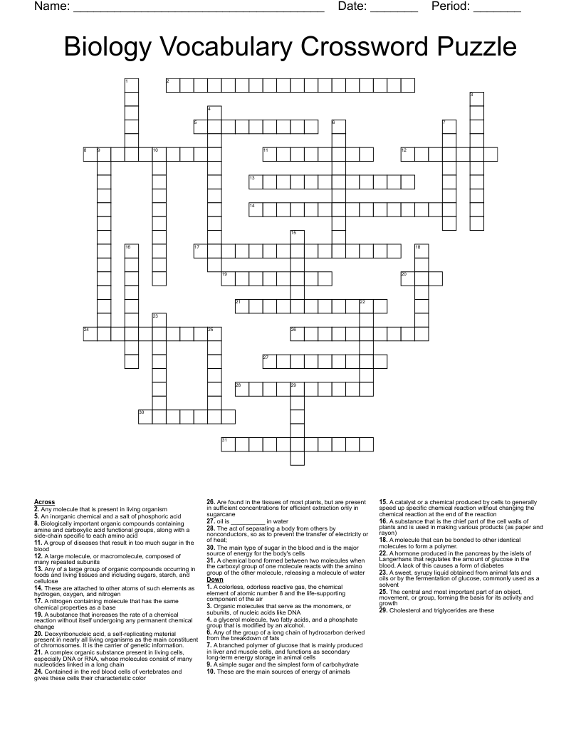 Biology Vocabulary Crossword Puzzle 