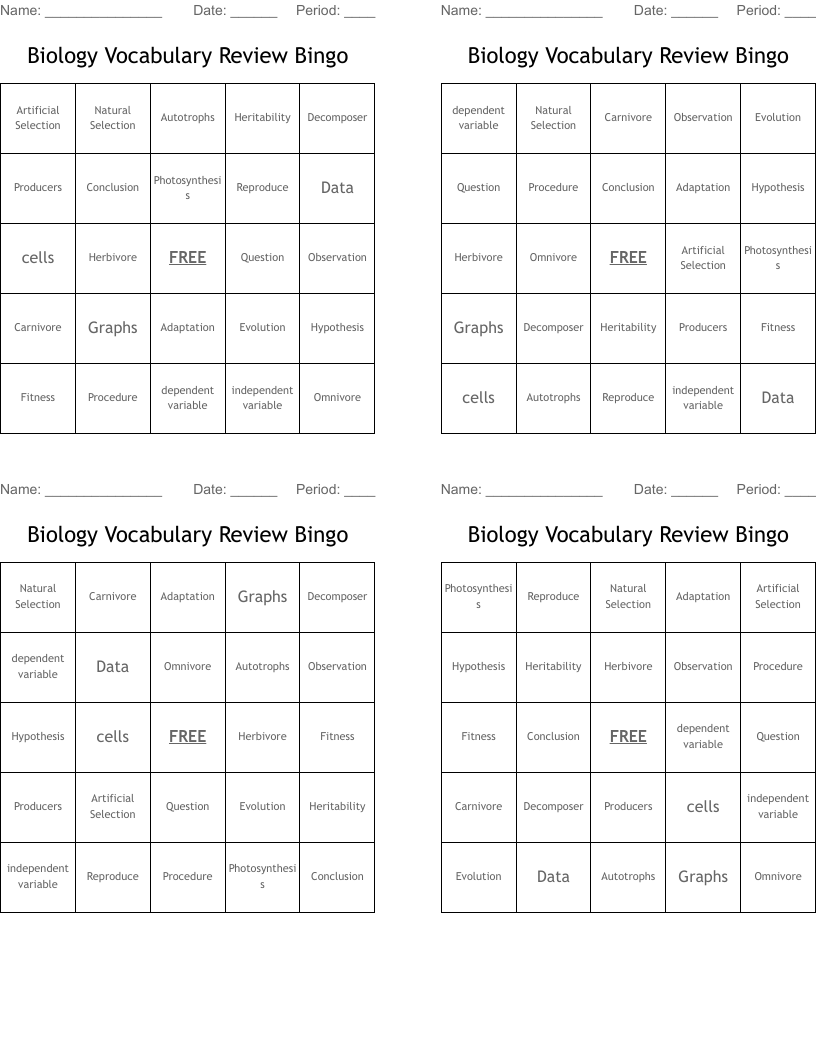 Biology Vocabulary Review Bingo