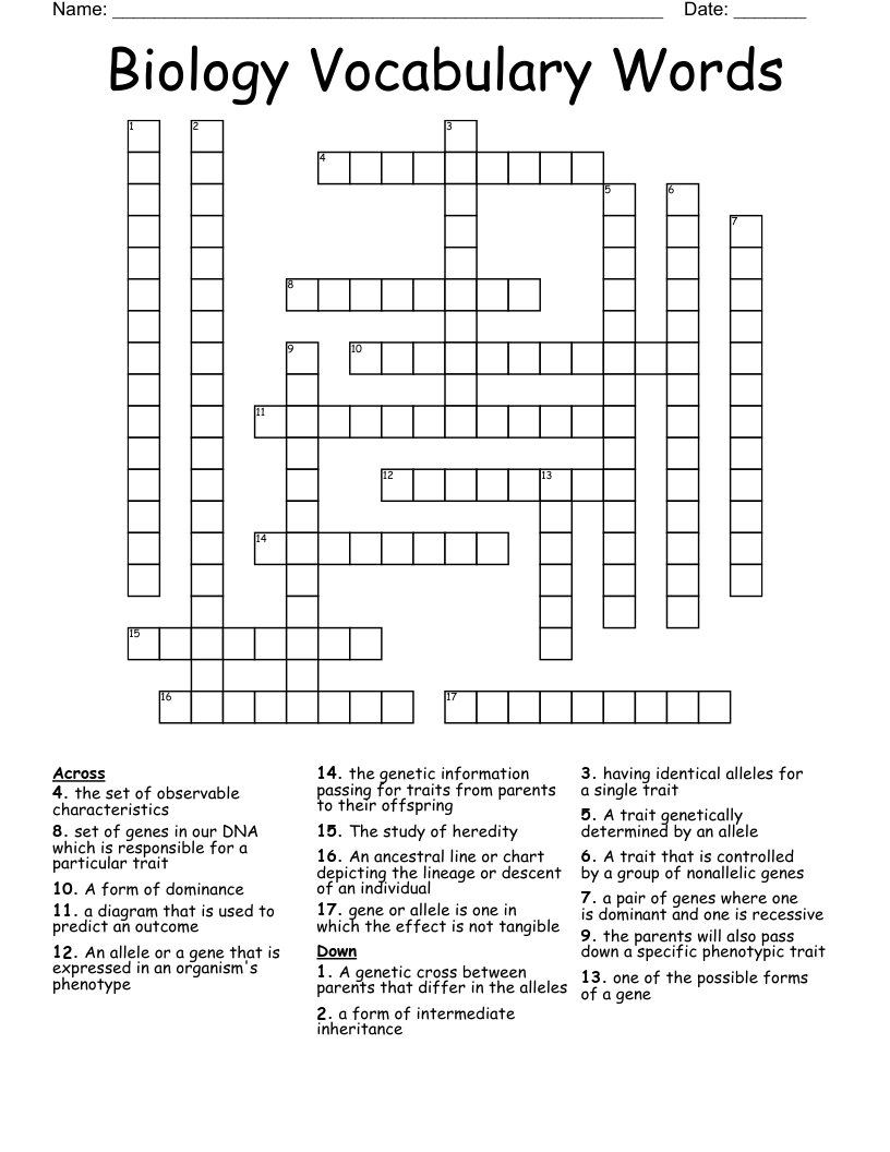 Biology Vocabulary Words Crossword