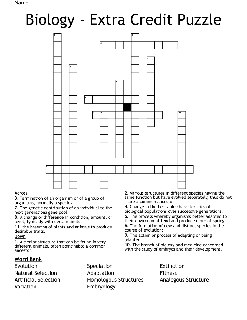 Biology - Extra Credit Puzzle Crossword