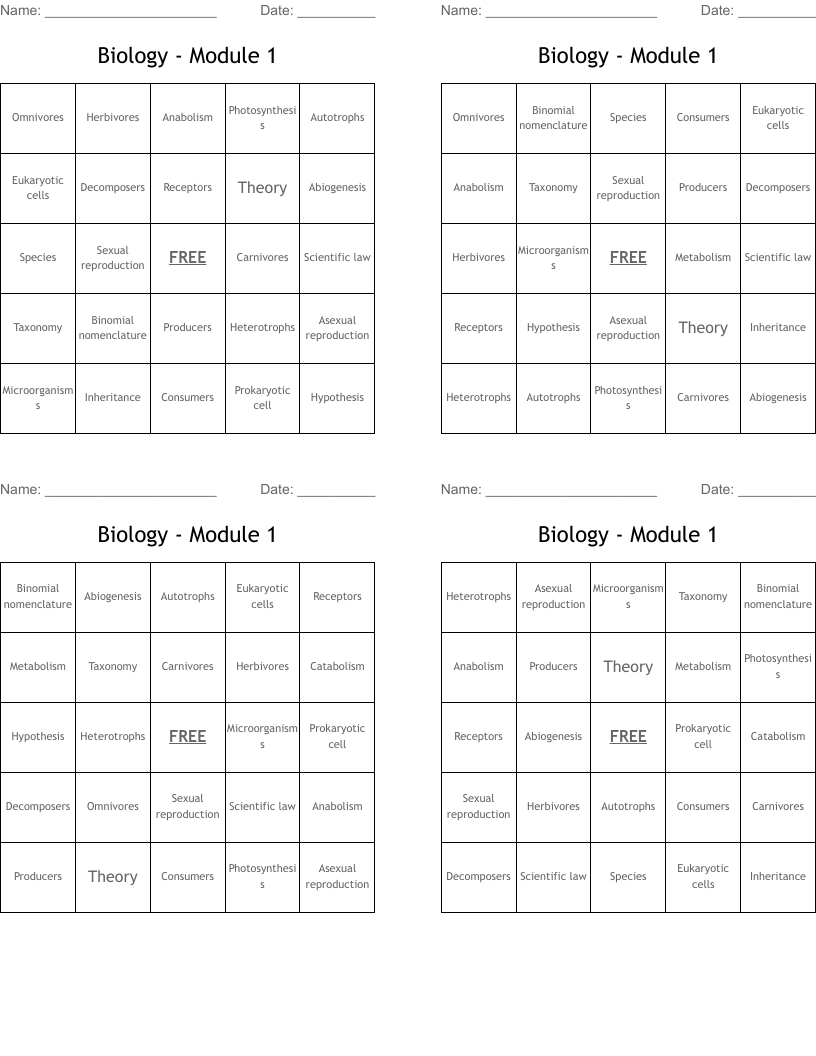 Biology - Module 1 Bingo Cards