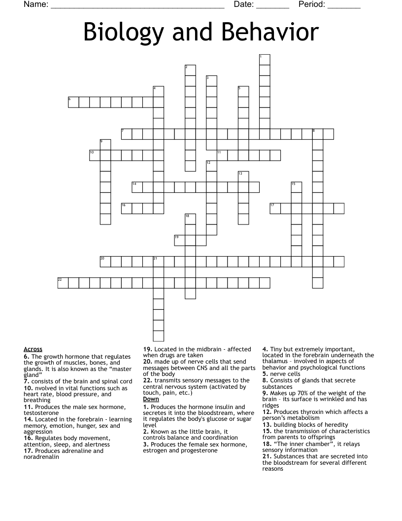 Biology and Behavior Crossword