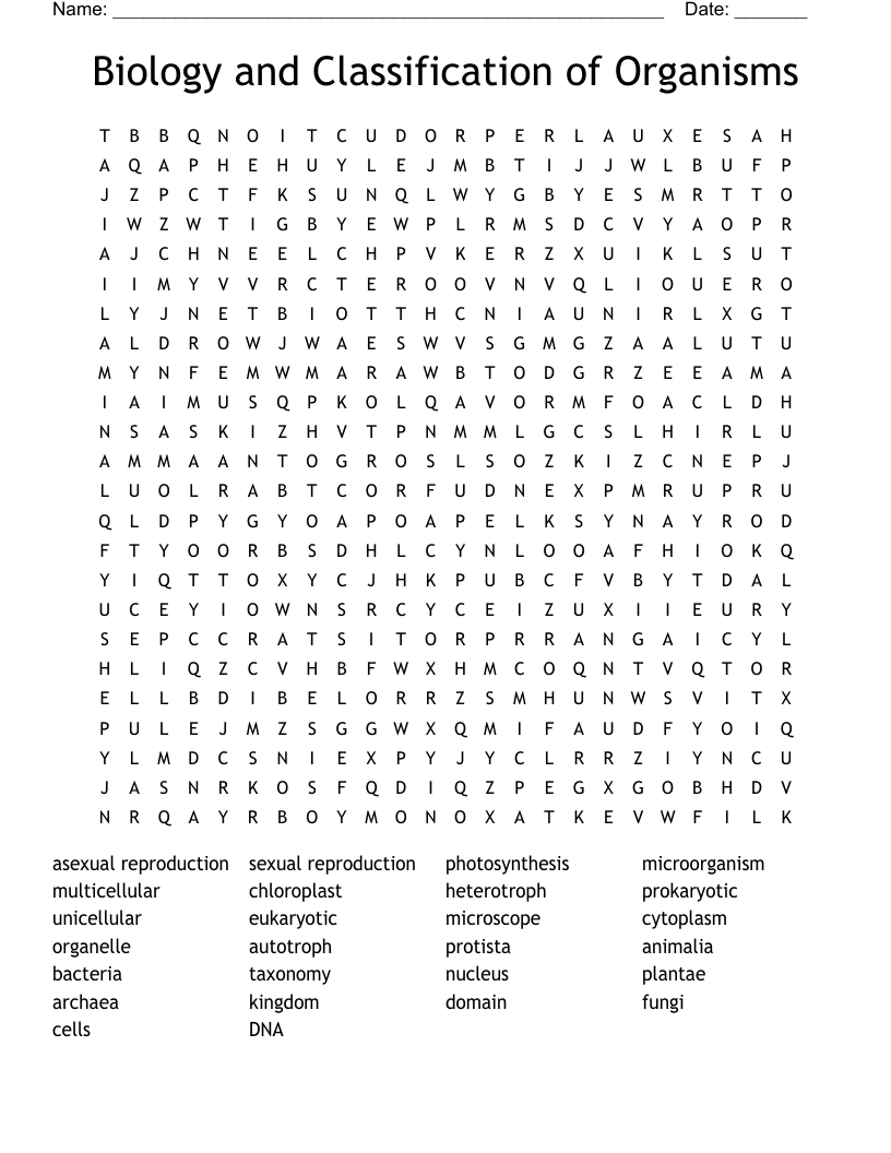 Biology and Classification of Organisms Word Search