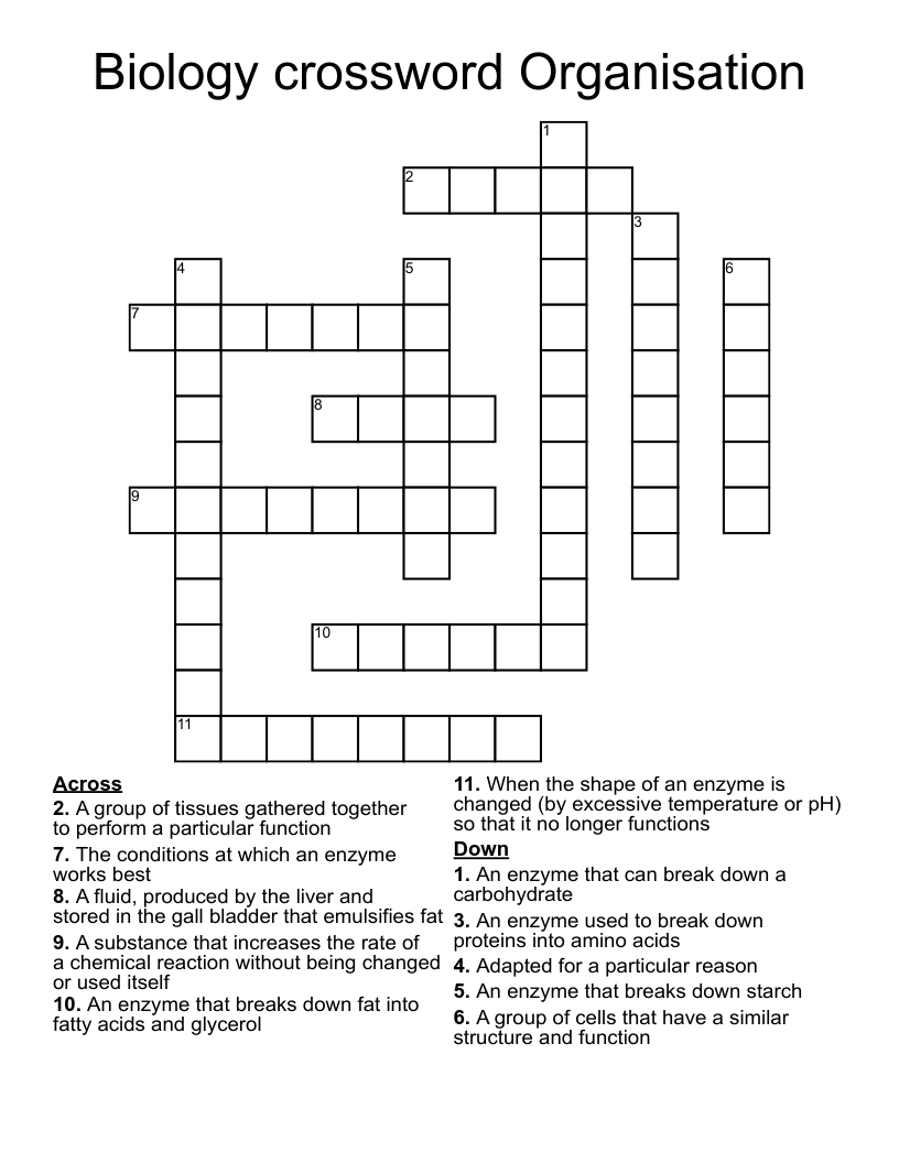 Biology crossword Organisation