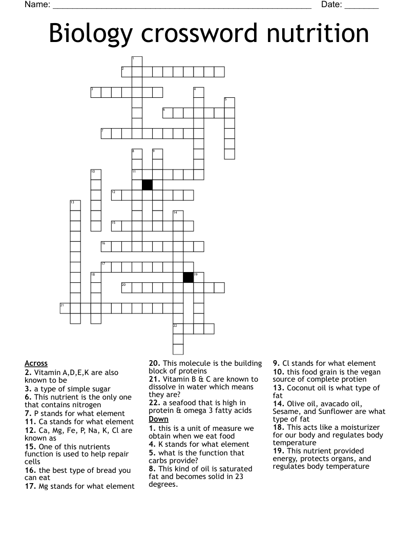 Biology crossword nutrition