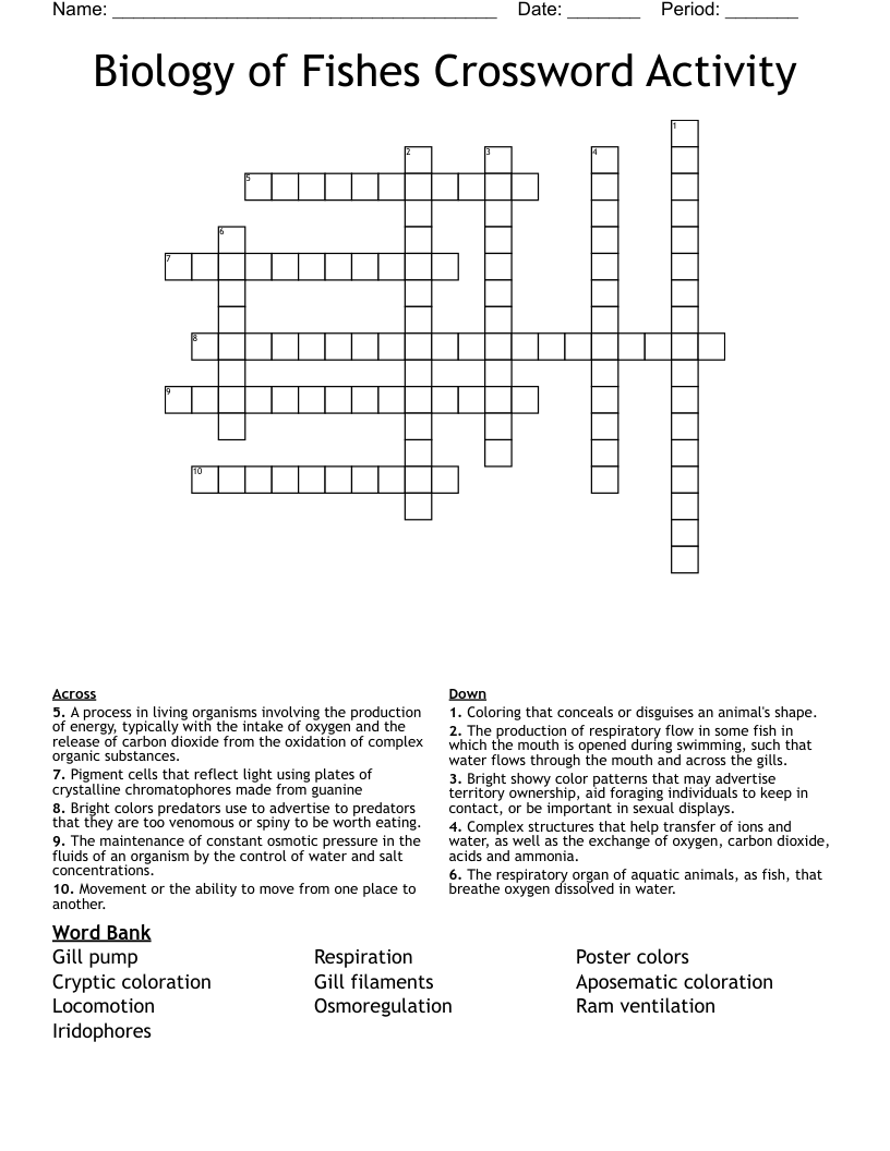 Biology of Fishes Crossword Activity