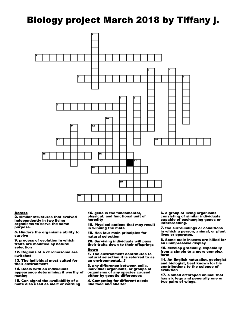 Biology project March 2018 by Tiffany j.  Crossword