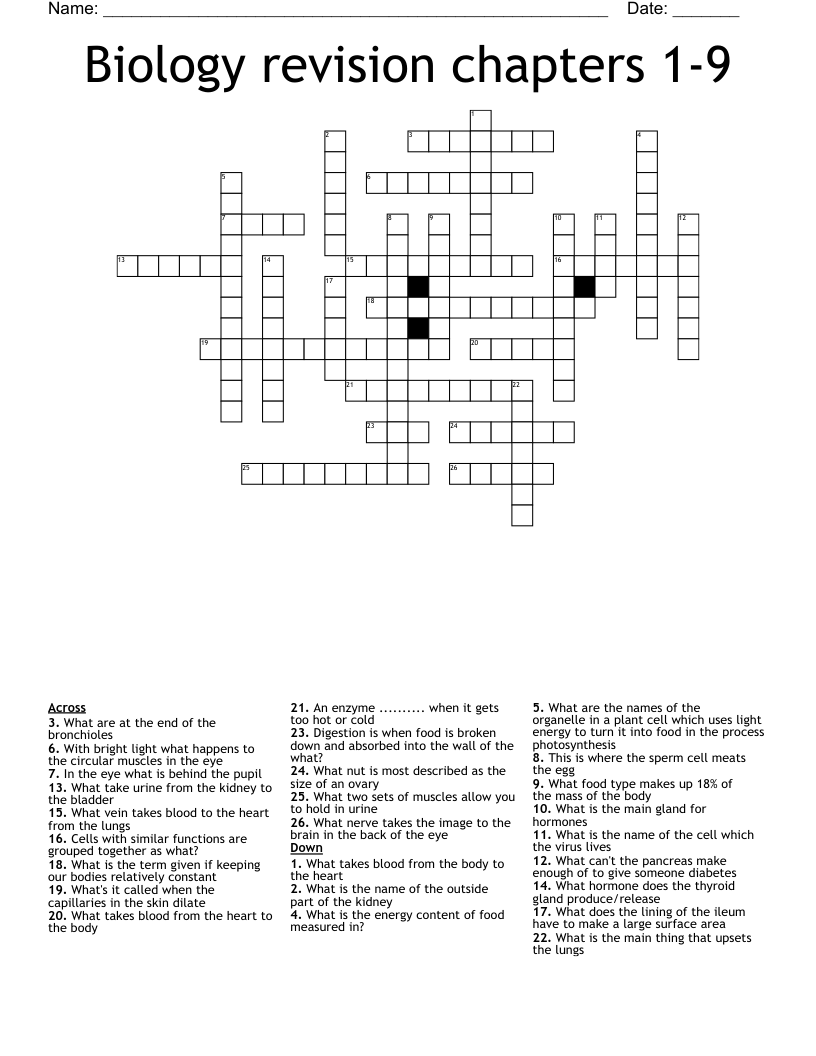 Biology revision chapters 1-9 Crossword